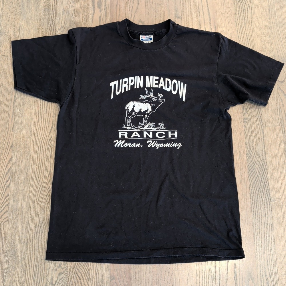 Vintage Turpin Meadow Ranch Elk T Shirt Black Single Stitch Hanes Mens L USA
